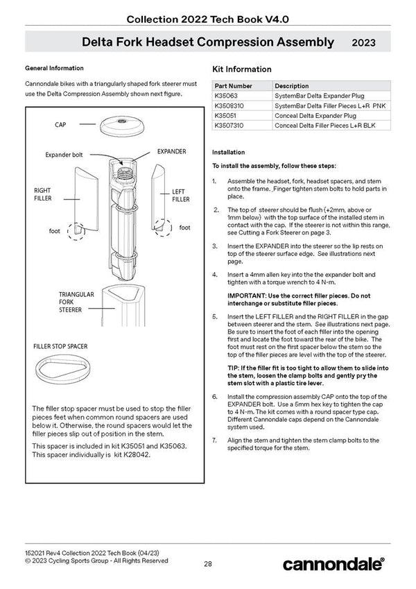 Cannondale Delta Fork Compression Assembly Spares