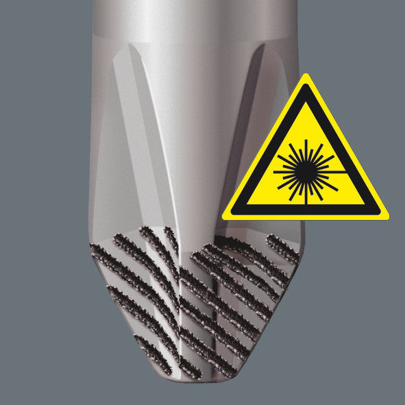 Wera Lasertip reduces the contact pressure required and enhances force transfer - meaning less screwdriving effort is required. Screwdriving becomes safer and easier.