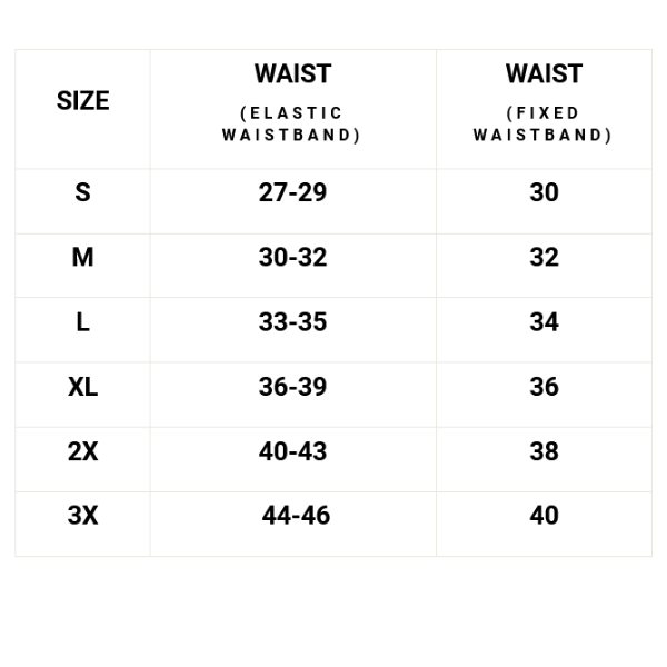 Zoic Mens Liner Size Chart