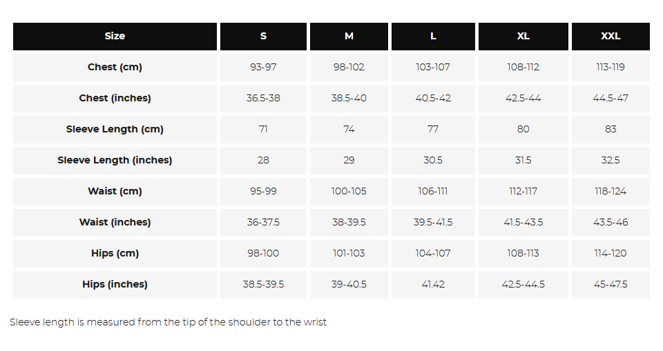 Reflect360 CRS Mens Jacket Sizing Guide